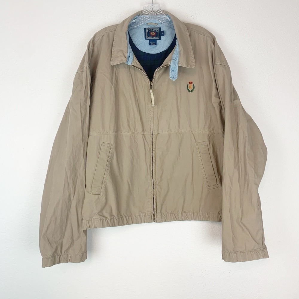 Chaps Ralph Lauren Harrington Jacket Mens XL Tan Beige Embroidered Crest Zip Up‎